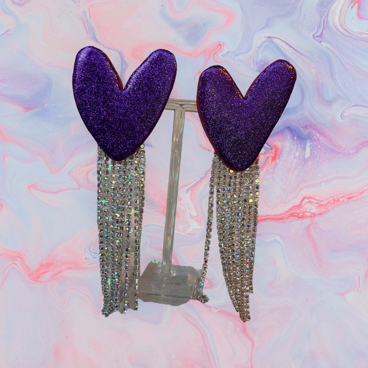 Purple Hearts with rhinestone fringe