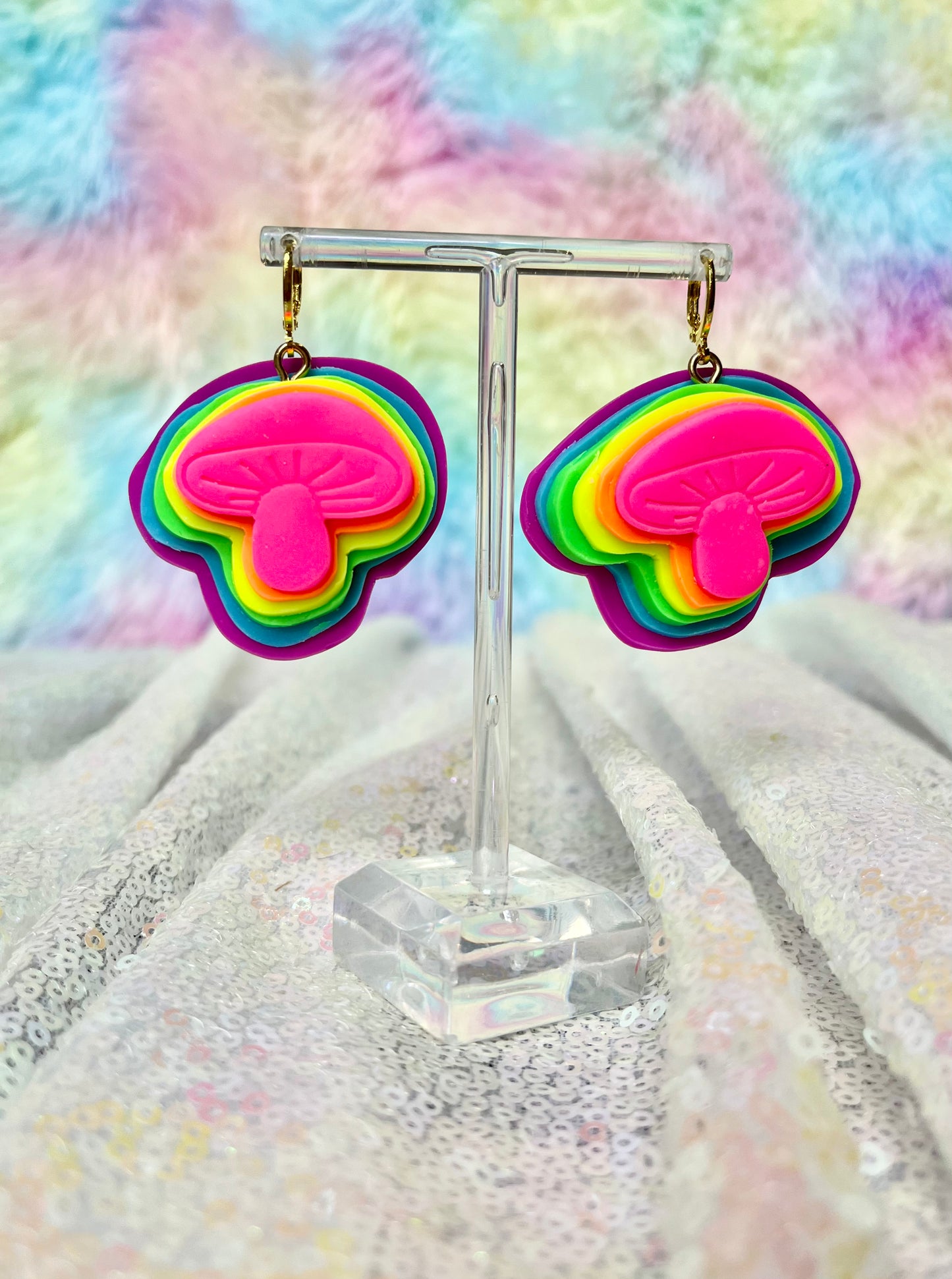 Rainbow 3D mushroom earrings